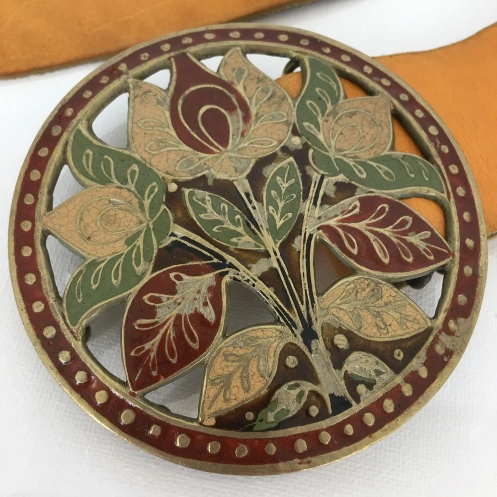 Rare 70s Vintage Leather Belt Brown Round Floral Enamel Buckle Retro Boho